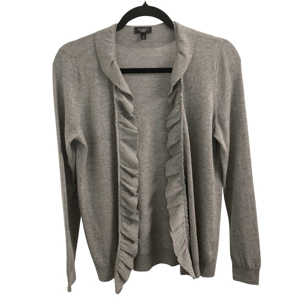 Talbots Petites Ruffle Gray Cardigan Size S